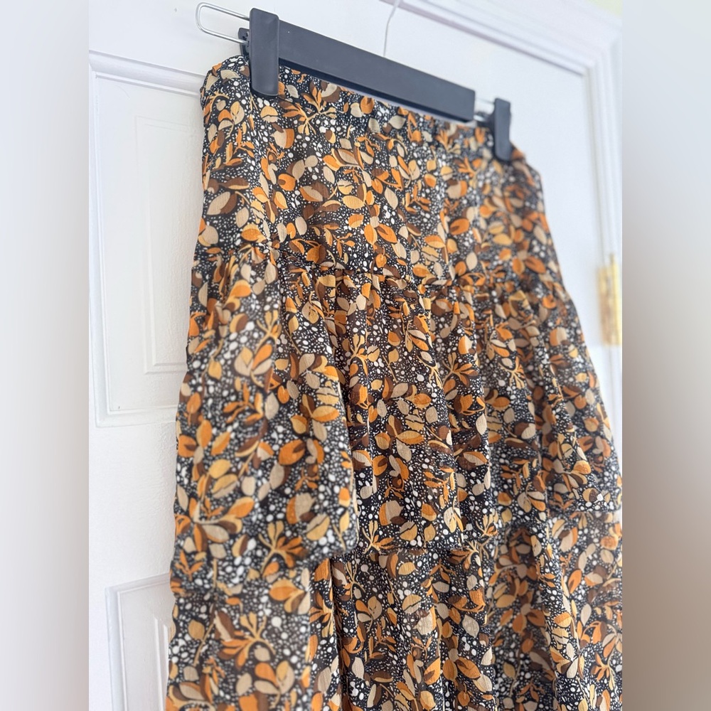 ba&sh Black Maxi Skirt with Mustard and Tan Leaf Print